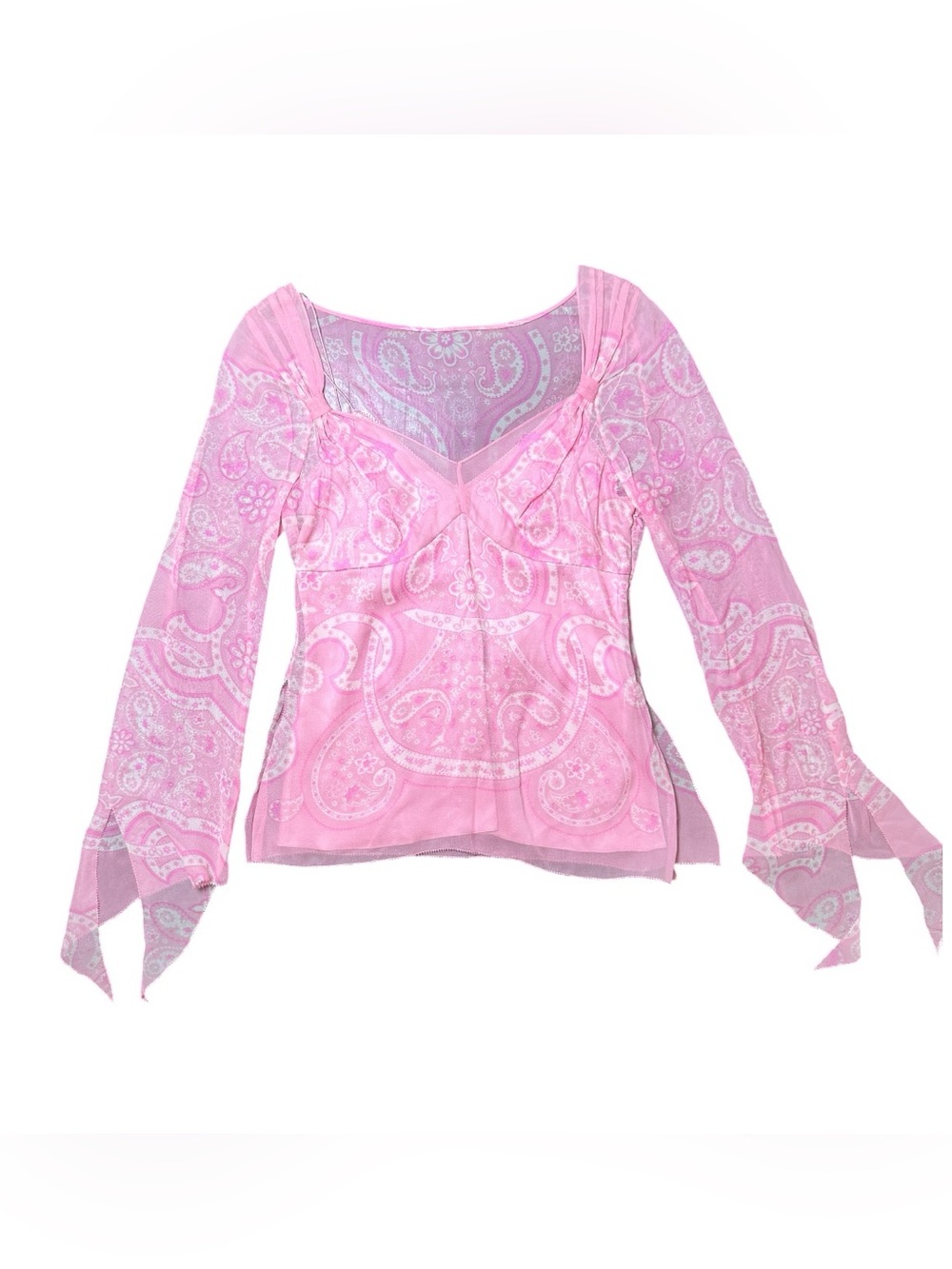 Y2K Elie Tahari Silk Pink Paisley Flare Long Sleeve V-Neck Fairy Top Size Small